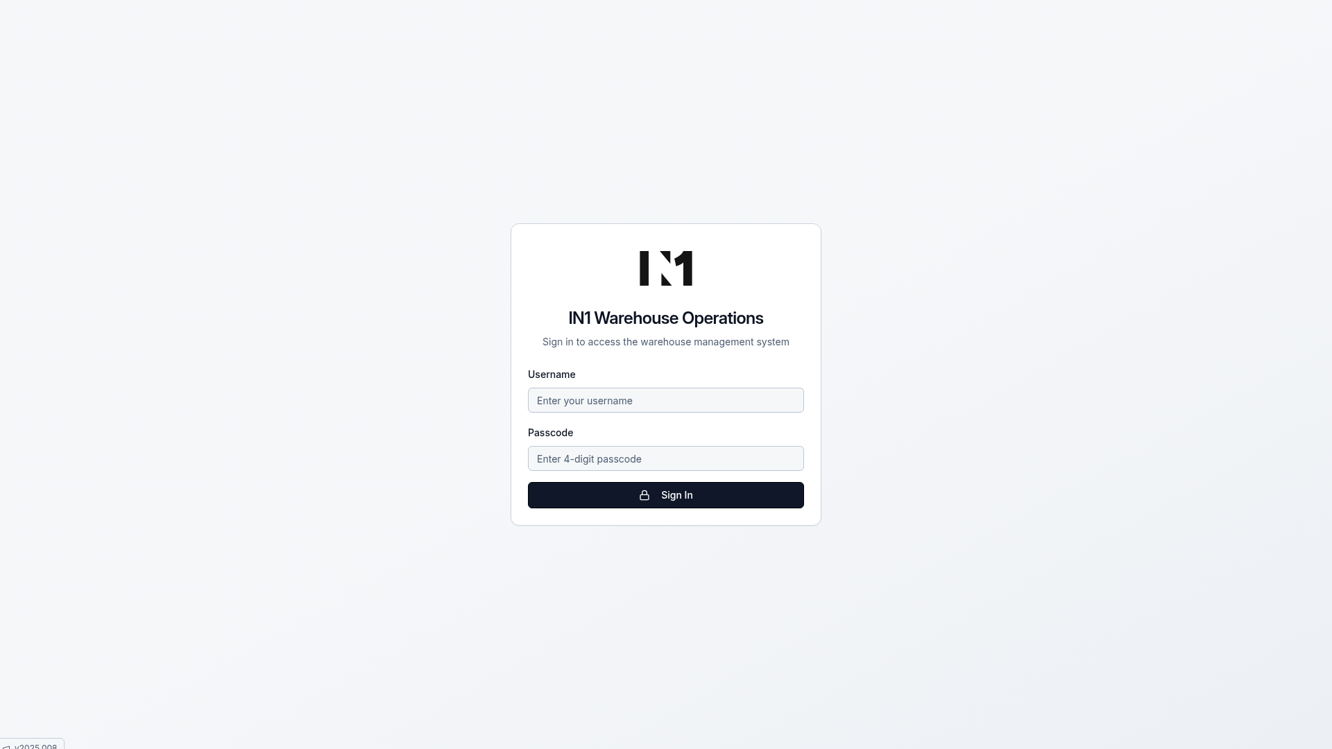 IN1 Warehouse Operations sign-in screen
